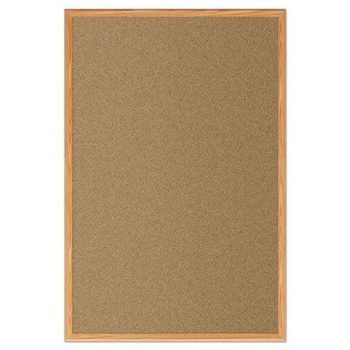 Economy Cork Board With Oak Frame, 48 X 36, Tan Surface, Oak Fiberboard Frame.