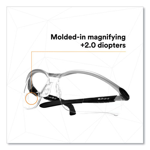 Bx Molded-in Diopter Safety Glasses, +2.0 Diopter Strength, Black/silver Plastic Frame, Clear Polycarbonate Lens