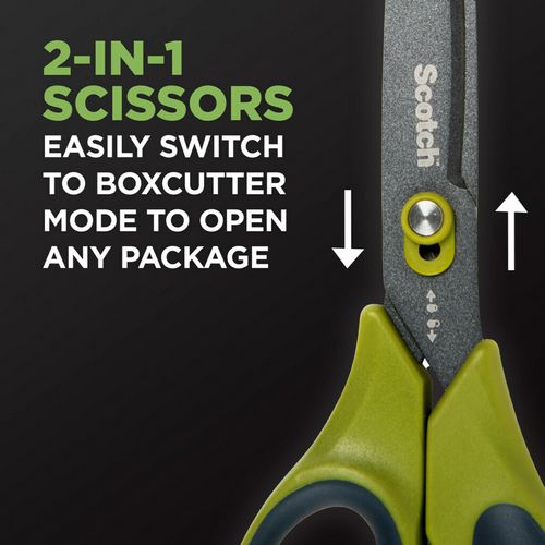 Non-stick Unboxing Scissors, 8" Long, 2.7" Cut Length, Straight Green/black Handle.