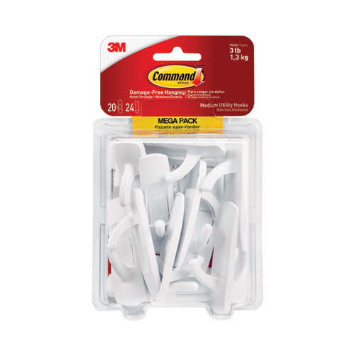 General Purpose Hooks, Medium, Plastic, White, 3 Lb Capacity, 20 Hooks And 24 Strips/pack.