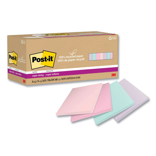 100% Recycled Paper Super Sticky Notes, 3" X 3", Wanderlust Pastels, 70 Sheets/pad, 24 Pads/pack.