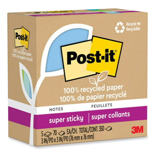 100% Recycled Paper Super Sticky Notes, 3" X 3", Oasis, 70 Sheets/pad, 5 Pads/pack.