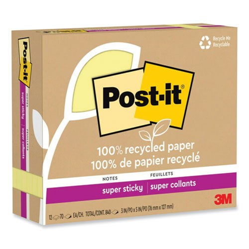 100% Recycled Paper Super Sticky Notes, 3" X 5", Canary Yellow, 70 Sheets/pad, 12 Pads/pack.