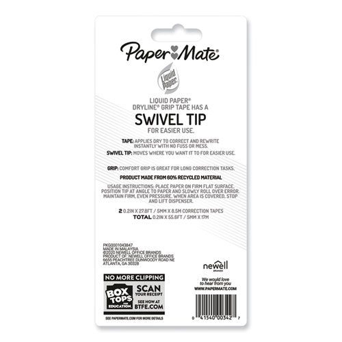 Dryline Grip Correction Tape, Recycled Dispenser, Green/white Applicator, 0.2" X 335", 2/pack.