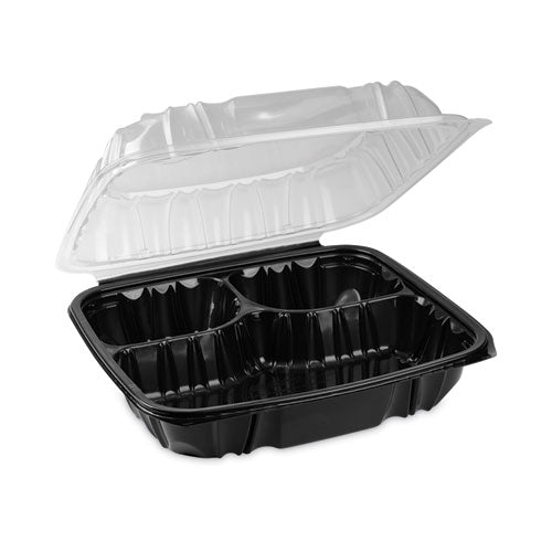Earthchoice Vented Dual Color Microwavable Hinged Lid Container, 3-compartment 34oz, 10.5x9.5x3, Black/clear, Plastic, 132/ct