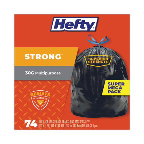 Strong Multipurpose Drawstring Trash Bags – 30 Gallon, 1.1 Mil, Black, 30" x 33", 74/Box