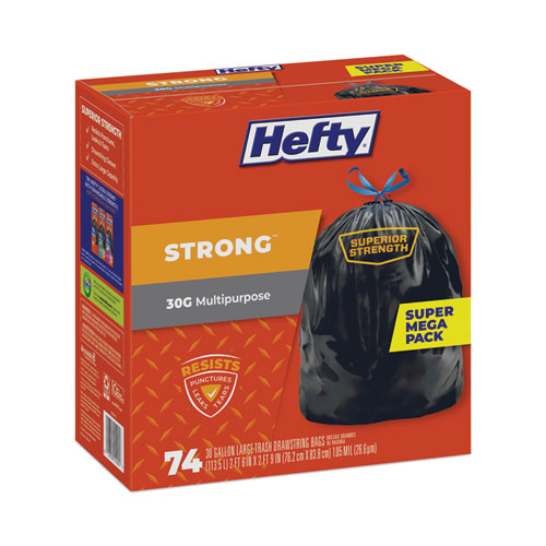 Strong Multipurpose Drawstring Trash Bags – 30 Gallon, 1.1 Mil, Black, 30" x 33", 74/Box