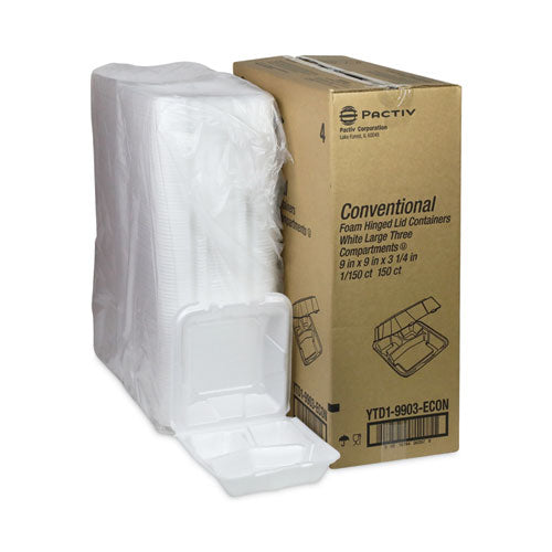 Vented Foam Hinged Lid Container, Dual Tab Lock Economy, 3-compartment, 9.13 X 9 X 3.25, White, 150/carton