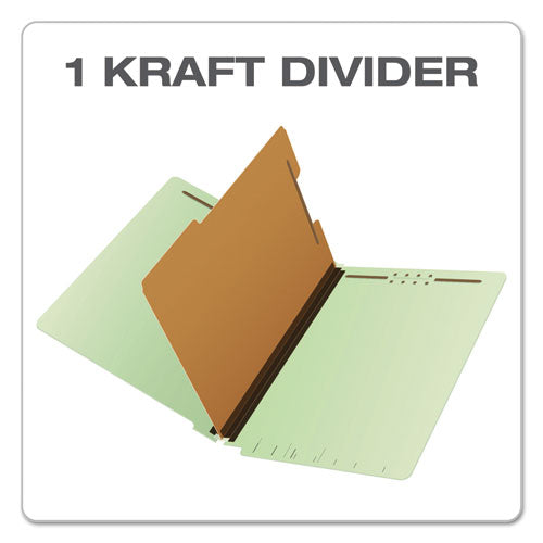 End Tab Classification Folders, 1.75" Expansion, 1 Divider,4 Fasteners, Letter Size, Pale Green Exterior, 10/box