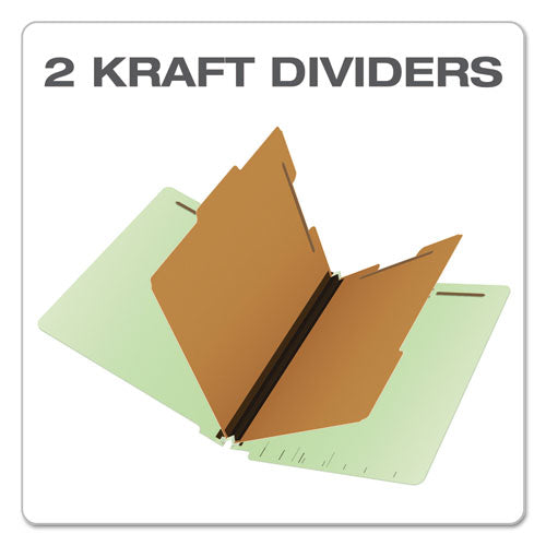 End Tab Classification Folders, 2.5" Expansion, 2 Dividers, 6 Fasteners, Letter Size, Pale Green Exterior, 10/box.