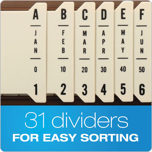 General Purpose Indexed Sorter, 31 Dividers, Alpha/numeric/month/date/day Index, Letter Size, Brown Frame.