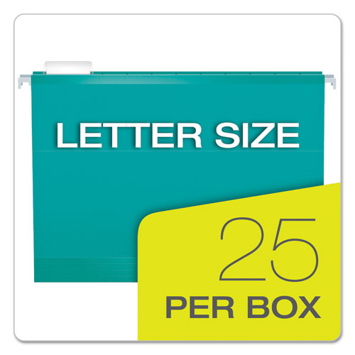 Colored Reinforced Hanging Folders, Letter Size, 1/5-cut Tabs, Aqua, 25/box
