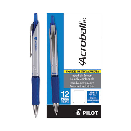 Acroball Pro Advanced Ink Hybrid Gel Pen, Retractable,Medium 1 Mm, Blue Ink, Silver/blue Barrel, Dozen
