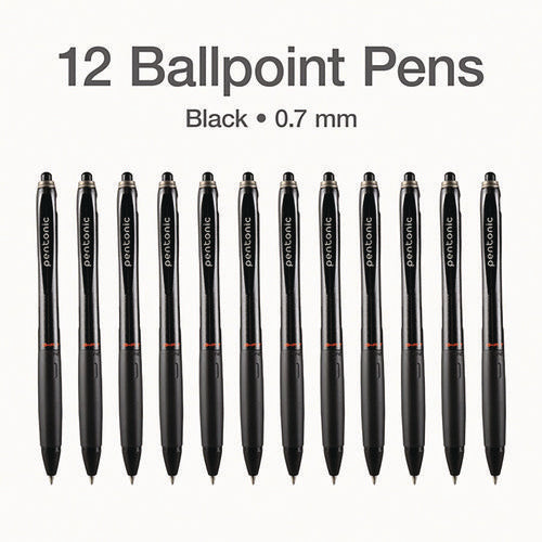 Pentonic Ballpoint Pen, Retractable, Fine 0.7 Mm, Black Ink, Black Barrel, 12/pack