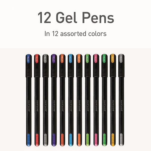 Pentonic Gel Pen, Stick, Assorted Point Sizes, Assorted Ink Colors, Black Barrel, 12/pack