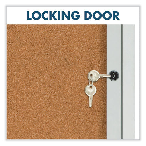 Enclosed Indoor Cork Bulletin Board With One Hinged Door, 24 X 36, Tan Surface, Silver Aluminum Frame.