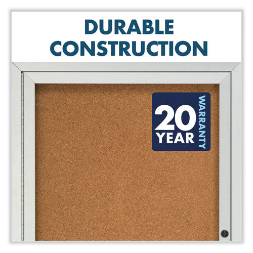 Enclosed Indoor Cork Bulletin Board With One Hinged Door, 24 X 36, Tan Surface, Silver Aluminum Frame.