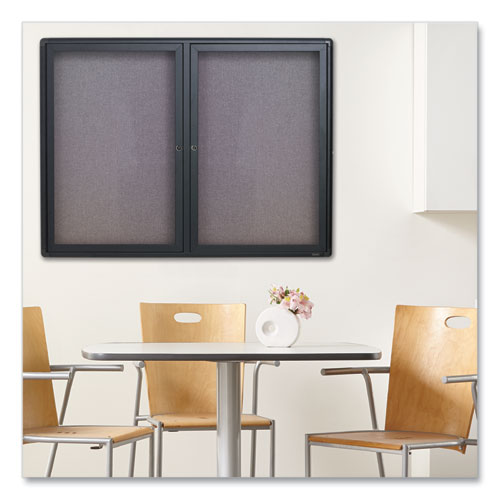 Enclosed Indoor Fabric Bulletin Board With Two Hinged Doors,48 X 36, Gray Surface, Graphite Aluminum Frame