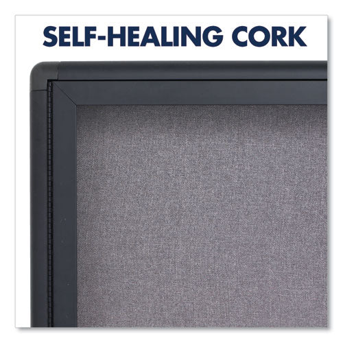 Enclosed Indoor Fabric Bulletin Board With Two Hinged Doors,48 X 36, Gray Surface, Graphite Aluminum Frame