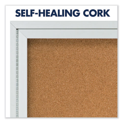 Enclosed Indoor Cork Bulletin Board With Two Hinged Doors, 48 X 36,Tan Surface, Silver Aluminum Frame