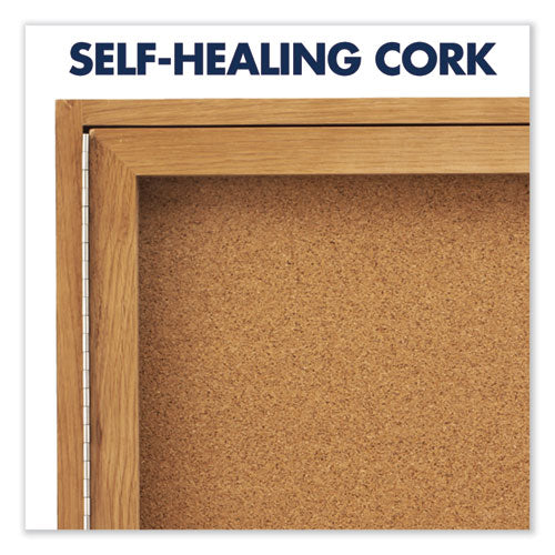 Enclosed Indoor Cork Bulletin Board With Two Hinged Doors, 48 X 36, Tan Surface, Oak Fiberboard Frame.