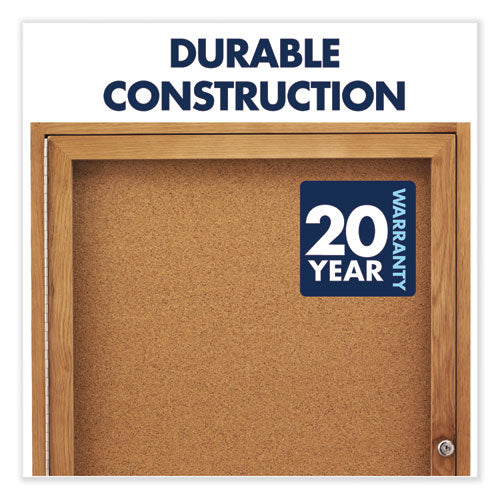 Enclosed Indoor Cork Bulletin Board With Two Hinged Doors, 48 X 36, Tan Surface, Oak Fiberboard Frame.
