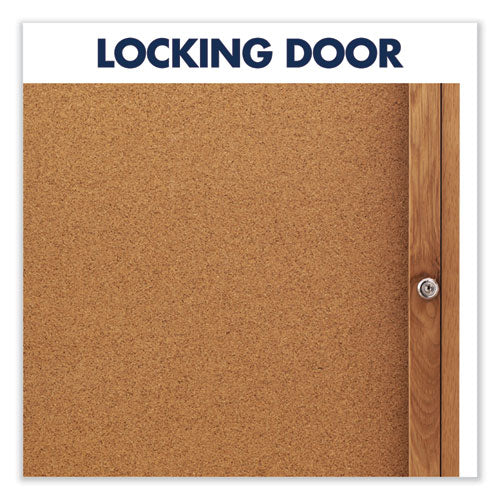 Enclosed Indoor Cork Bulletin Board With Two Hinged Doors, 48 X 36, Tan Surface, Oak Fiberboard Frame.