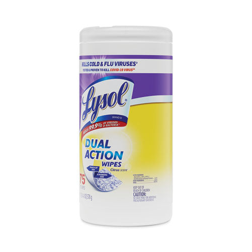 Dual Action Disinfecting Wipes, 1-ply, 7 X 7.5, Citrus, White/purple, 75/canister, 6 Canisters/carton.
