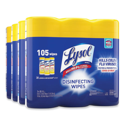 Disinfecting Wipes, 1-ply, 7 X 7.25, Lemon And Lime Blossom, White, 35 Wipes/canister, 3 Canisters/pack, 4 Packs/carton.