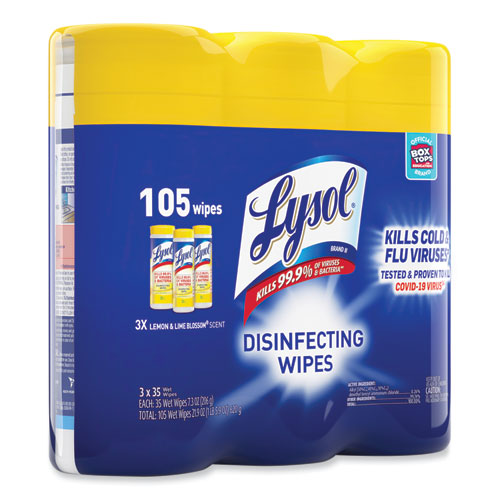 Disinfecting Wipes,1-ply, 7 X 7.25, Lemon And Lime Blossom, White, 35 Wipes/canister, 3 Canisters/pack