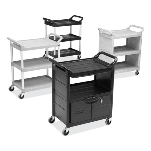 Utility Cart With Locking Doors, Plastic, 3 Shelves, 200 Lb Capacity, 33.63" X 18.63" X 37.75", Black.