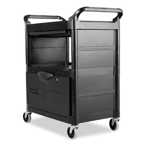 Utility Cart With Locking Doors, Plastic, 3 Shelves, 200 Lb Capacity, 33.63" X 18.63" X 37.75", Black.