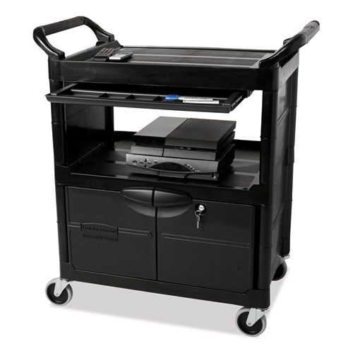Utility Cart With Locking Doors, Plastic, 3 Shelves, 200 Lb Capacity, 33.63" X 18.63" X 37.75", Black.