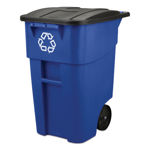 Square Brute Recycling Rollout Container, 50 Gal, Plastic, Blue
