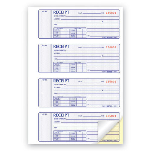 Receipt Book, Two-part Carbonless, 7 X 2.75, 4 Forms/sheet, 400 Forms Total