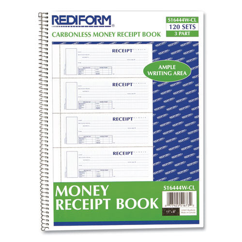 Spiralbound Unnumbered Money Receipt Book, Three-part Carbonless, 7 X 2.75, 4 Forms/sheet, 120 Forms Total