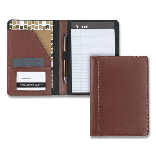 Contrast Stitch Leather Padfolio, 6.25w X 8.75h, Open Style, Brown.