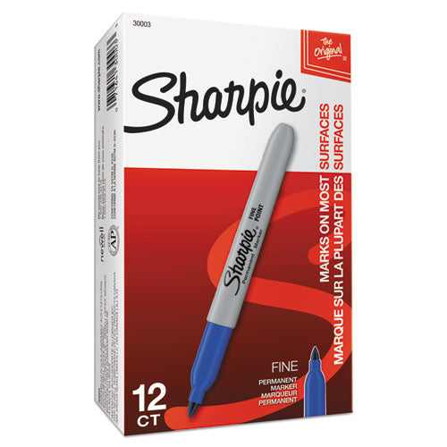 Fine Tip Permanent Marker, Fine Bullet Tip, Blue, Dozen.