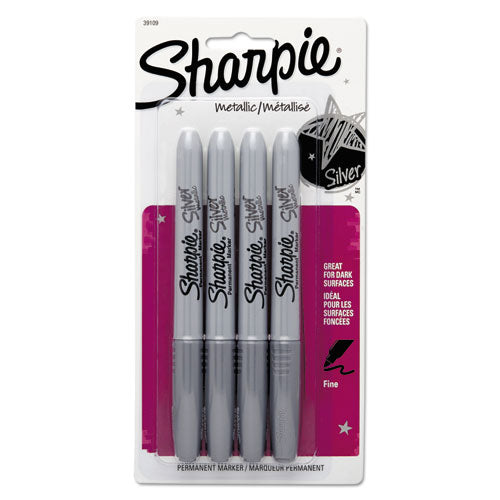 Metallic Fine Point Permanent Markers, Fine Bullet Tip, Metallic Silver, 4/pack.