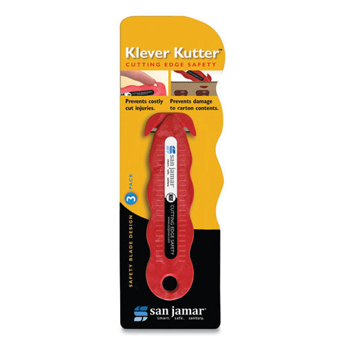 Klever Kutter Safety Cutter, 3 Razor Blades, 1" Blade, 4" Plastic Handle, Red.
