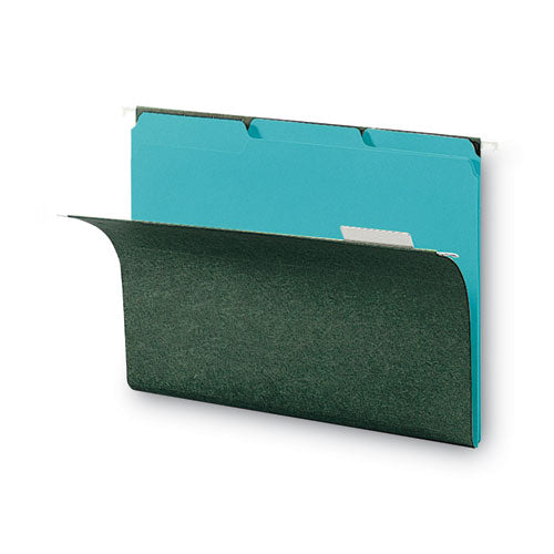 Interior File Folders, 1/3-cut Tabs: Assorted, Letter Size, 0.75" Expansion, Aqua, 100/box.