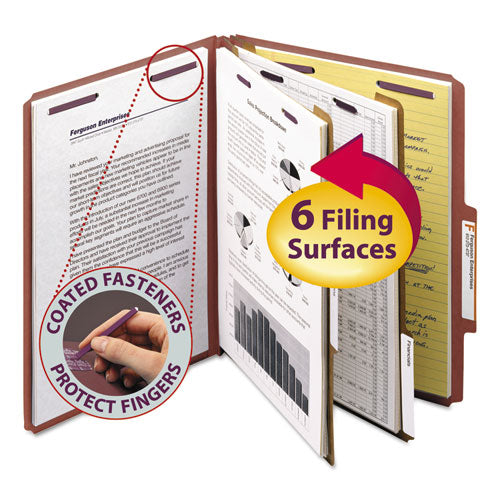 Pressboard Classification Folders, Six Safeshield Fasteners, 2/5-cut Tabs, 2 Dividers, Letter Size, Red, 10/box.
