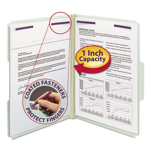 Recycled Pressboard Fastener Folders, 1/3-cut Tabs, Two Safeshield Fasteners, 1" Expansion, Letter Size, Gray-green, 25/box.