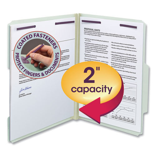 Recycled Pressboard Folders, Two Safeshield Coated Fasteners,2/5-cut: R Of C, 2" Expansion, Letter Size, Gray-green, 25/box