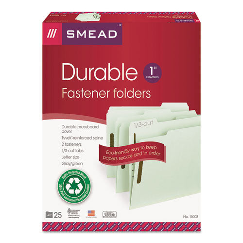 Recycled Pressboard Fastener Folders, 1" Expansion, 2 Fasteners, Letter Size, Gray-green Exterior, 25/box.
