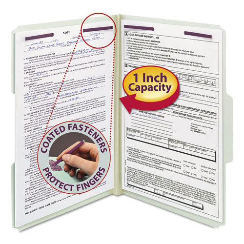Recycled Pressboard Fastener Folders, 1/3-cut Tabs, Two Safeshield Fasteners, 1" Expansion, Legal Size, Gray-green, 25/box.