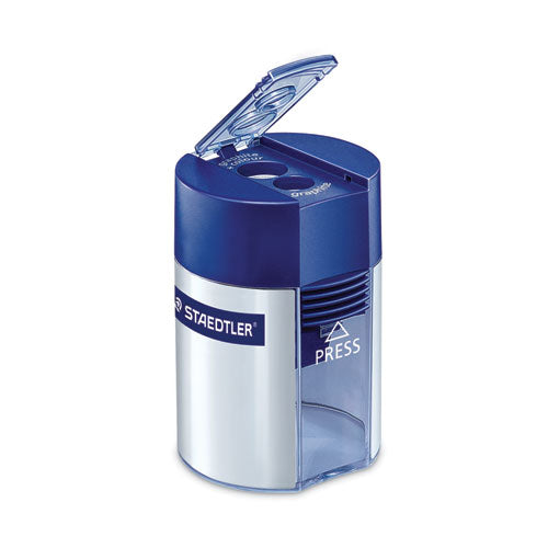 Cylinder Handheld Pencil Sharpener, Two-hole, 1.63 X 2.25, Blue/silver.