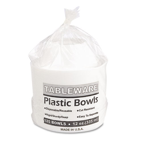 Plastic Dinnerware, Bowl, 12 Oz, White, 125/pack.