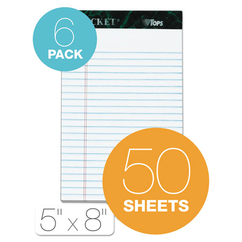 Docket Ruled Perforated Pads, Narrow Rule, 50 White 5 X 8 Sheets, 6/pack.