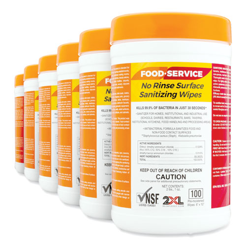 Food Service No Rinse Surface Sanitizing Wipes, 1-ply, 6 X 8, White, 100/roll, 6 Rolls/carton.